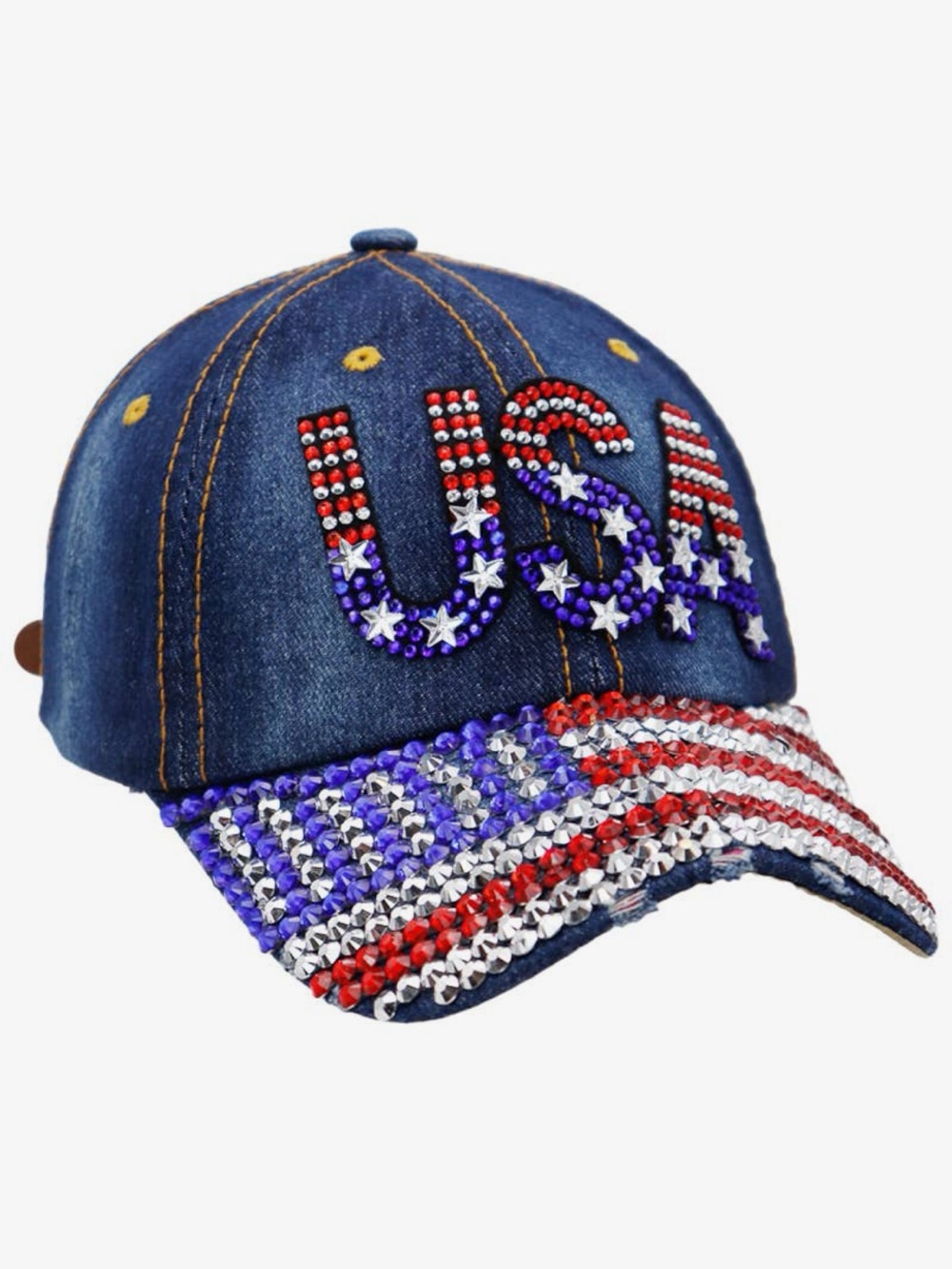 Embellished USA Denim Baseball Cap - Red, White & Blue